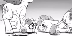 Size: 2950x1503 | Tagged: explicit, grimdark, grotesque, artist:fearingfun, rarity, sweetie belle, blood, crying, death, edit, fearcomesnaturally, fetish, foalcon, g4, imported from derpibooru, male, monochrome, necrophilia, penetration, rape, sex, snuff, straight, sweetie rape, vaginal