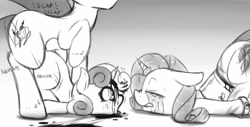 Size: 2950x1503 | Tagged: explicit, grimdark, grotesque, artist:fearingfun, rarity, sweetie belle, ass up, blood, crying, death, face down ass up, fearcomesnaturally, female, fetish, filly, foal, foalcon, g4, imported from derpibooru, male, mare, monochrome, necrophilia, penetration, pony, rape, sex, snuff, straight, sweetie rape, unicorn, vaginal