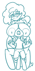 Size: 400x811 | Tagged: questionable, artist:/d/non, oc, oc:candy, oc:dynamo, /ss/, areola, between breasts, big areola, big breasts, breasts, female, foalcon, huge breasts, imported from derpibooru, inverted nipples, monochrome, nipples, nudity, oc only, offspring, parent:thunderlane, parent:twist, satyr