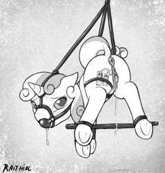 Size: 713x746 | Tagged: explicit, artist:raithial, sweetie belle, anatomically correct, anus, ballgag, black and white, blushing, bondage, bridle, clitoris, consensual, crotchboobs, cum, dock, dripping, dripping from both ends, drool, female, foalcon, g4, gag, grayscale, imported from derpibooru, looking at you, monochrome, nipples, nudity, ponut, pony, prolonged stimulation, raised tail, sex toy, solo, solo female, spreader bar, suspended, tack, tail, underhoof, unicorn, vaginal secretions, vibrator, vulva, vulvar winking