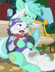 Size: 2550x3300 | Tagged: explicit, grimdark, artist:tricksta, oc, oc:mik, ahegao, bdsm, bench, blushing, canine penis, canon x furry, clothed sex, clothes, cub, cum, cum on hair, cum on tail, cumming, exhibitionism, femdom, foalcon, forced orgasm, fox, furry, g4, grin, high res, hoodie, imported from derpibooru, lyra heartstrings, lyre, magic, magical stimulation, magicjob, male, masturbation, musical instrument, non-mlp oc, nudity, open mouth, orgasm, park, penis, public sex, rape, rapeface, sex, shirt, smiling, straight, tongue out