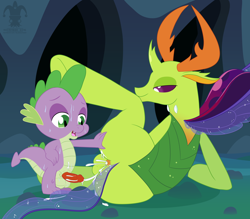 Size: 1500x1315 | Tagged: explicit, artist:blargsnarf, spike, aftersex, age difference, anal creampie, balls, bedroom eyes, bugbutt, butt, changedling, changeling, colt, colt on stallion, creampie, cum, cum on butt, dead source, dragon, dragon dick, foal, foalcon, g4, gay, imported from derpibooru, king thorax, male, my little pony: friendship is magic, nudity, penis, pony, ship:thoraxspike, shipping, show accurate, show accurate porn, stallion, sweat, thorass, thorax, to where and back again