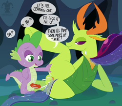 Size: 1500x1315 | Tagged: explicit, artist:blargsnarf, spike, afterglow, aftersex, age difference, anal creampie, anus, balls, bedroom eyes, big balls, bugbutt, butt, changedling, changeling, circumcised, colt, colt on stallion, creampie, cum, cum on butt, dead source, dialogue, dragon, dragon dick, erection, excessive cum, feeding the changeling, foal, foalcon, g4, gay, imported from derpibooru, king thorax, male, my little pony: friendship is magic, nudity, penis, pony, ship:thoraxspike, shipping, stallion, sweat, thorass, thorax, to where and back again