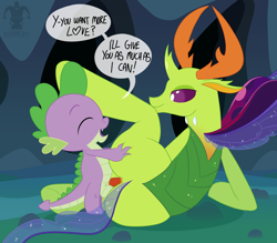 Size: 1500x1315 | Tagged: explicit, artist:blargsnarf, spike, age difference, anal, balls, bedroom eyes, bugbutt, butt, changedling, changeling, changeling x dragon, colt, colt on stallion, dead source, dialogue, dragon, dragon dick, foal, foalcon, g4, gay, imported from derpibooru, interspecies, king thorax, male, my little pony: friendship is magic, nudity, penetration, penis, pony, sex, ship:thoraxspike, shipping, size difference, stallion, thorass, thorax, to where and back again
