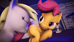 Size: 3840x2160 | Tagged: explicit, artist:viranimation, scootaloo, 3d, bedroom eyes, colt, cunnilingus, dinky hooves, eyes closed, female, filly, filly on filly, foal, foalcon, g4, high res, imported from derpibooru, lesbian, looking back, male, mare, nudity, oral, pipsqueak, pony, rumble, sex, ship:dinkyloo, shipping, source filmmaker, vulva, watching