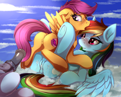 Size: 2300x1840 | Tagged: explicit, artist:teta, rainbow dash, scootaloo, bisexual, butt, cloud, creampie, cum, duo focus, edit, erection, female, foalcon, g4, horsecock, imported from derpibooru, lesbian, lesbian in front of boys, lucky bastard, male, nudity, offscreen character, offscreen male, one after another, pegasus, penis, plot, pony, rainbutt dash, scootabutt, sex, ship:scootadash, ship:soarindash, ship:soarinloo, ship:soarinloodash, shipping, soarin', soarin' gets all the mares, spread wings, straight, tribadism, underhoof, vaginal secretions, vulva, wingboner, wings