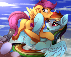 Size: 2300x1840 | Tagged: explicit, artist:teta, rainbow dash, scootaloo, afterglow, aftersex, ahegao, anus, bedroom eyes, bisexual, blushing, blushing profusely, butt, cloud, creampie, cum, cum inside rainbow dash, cum on body, cum on butt, ear fluff, father and child, father and daughter, female, ffm threesome, filly, floppy ears, foal, foalcon, g4, group sex, horsecock, imminent penetration, imminent sex, imported from derpibooru, incest, lesbian, looking at each other, looking at you, looking back, looking pleasured, looking up, male, nudity, one after another, open mouth, pegasus, penis, plot, pony, puckered asshole, puffy anus, puffy vulva, rainbow blaze, raincest, raised tail, sex, ship:scootadash, shipping, spread wings, straight, tail, threesome, underhoof, vaginal creampie, vaginal secretions, vulva, wingboner, wings