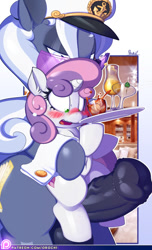 Size: 729x1200 | Tagged: explicit, artist:0r0ch1, sweetie belle, age difference, alcohol, balls, belly button, big penis, bipedal, blushing, cufflinks, cuffs (clothes), female, filly, foal, foalcon, g4, glass, glasses, hat, hoity toity, hoitybelle, horsecock, imported from derpibooru, impossibly large penis, intercrural sex, liquor, literal cock riding, looking down, male, nudity, patreon, patreon logo, penis, pony, sex, shipping, stallion on filly, straight, wavy mouth