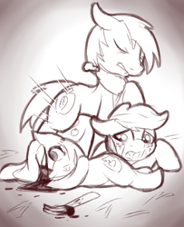 Size: 1280x1573 | Tagged: grimdark, grotesque, questionable, artist:fearingfun, apple bloom, applejack, abuse, applebuse, applecest, betrayal, big macintosh, blood, brother and sister, corpse, crying, dead, death, earth pony, fearcomesnaturally, female, foalcon, g4, gore, guro, hammer, imported from derpibooru, incest, jackabuse, male, monochrome, murder, open mouth, penetration, pony, rape, sad, sex, siblings, sisters, snuff, softcore, stallion, straight, vaginal