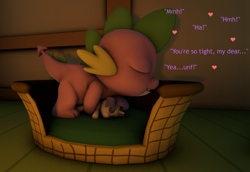 Size: 1566x1080 | Tagged: explicit, artist:papadragon69, rarity, spike, 3d, bed, dialogue, dragon, foalcon, g4, imported from derpibooru, male, night, plushie, plushophilia, rarity plushie, sex, sexual proxy voodoo, ship:sparity, shipping, source filmmaker, straight, voodoo