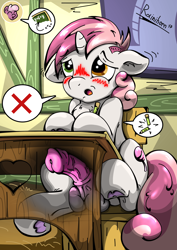 Size: 2480x3508 | Tagged: explicit, artist:rainihorn, oc, oc:lollipop, oc:rainihorn, awkward boner, balls, blushing, cheerilee, embarrassed, erection, foal, foalcon, futa, futa filly, futa oc, g4, heterochromia, hiding erection, high res, imported from derpibooru, inconvenient erection, intersex, nudity, oc only, penis, pony, school, solo, solo futa, underhoof, unicorn, worried