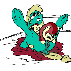 Size: 600x600 | Tagged: explicit, artist:thebathwaterhero, oc, oc:crystal lattice, oc:hidden gem, anus, bed, cloak, clothes, cunnilingus, cyoa, cyoa:landfall, drool, duo, earth pony, female, filly on mare, foalcon, gritted teeth, imported from derpibooru, lesbian, lying down, misleading thumbnail, nudity, oc only, on back, oral, pegasus, pony, sex, simple background, tongue out, vulva