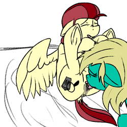 Size: 600x600 | Tagged: explicit, artist:thebathwaterhero, oc, oc:crystal lattice, oc:hidden gem, anus, bed, cunnilingus, cyoa, cyoa:landfall, duo, earth pony, eyes closed, female, foalcon, imported from derpibooru, lesbian, lying down, mare on filly, nudity, oc only, on back, oral, pegasus, pony, sex, simple background, tongue out, vulva