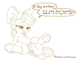 Size: 1300x1000 | Tagged: explicit, artist:pusspuss, apple bloom, age difference, anatomically correct, applecest, big macintosh, brother and sister, comic, creampie, crotchboobs, cum, dialogue, disembodied penis, earth pony, eyes on the prize, female, filly, foal, foalcon, frog (hoof), g4, genitals, imported from derpibooru, incest, male, missionary position, nipples, nudity, patreon, patreon logo, penetration, penis, pony, pony on pony action, sex, ship:macbloom, shipping, siblings, simple background, spread legs, spreading, stallion, stallion on filly, straight, teats, this will end in pregnancy, underhoof, vaginal, vulva, white background