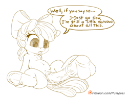 Size: 1300x1000 | Tagged: explicit, artist:pusspuss, apple bloom, age difference, anatomically correct, applecest, big macintosh, brother and sister, clitoris, comic, crotchboobs, dialogue, disembodied penis, earth pony, female, filly, foal, foalcon, frog (hoof), g4, imminent penetration, imminent sex, imminent vaginal, imported from derpibooru, incest, male, medial ring, missionary position, nipples, not going to fit, nudity, patreon, patreon logo, penis, pony, pony on pony action, sex, ship:macbloom, shipping, siblings, spread legs, spreading, stallion, stallion on filly, straight, teats, this will end in tears and/or death, underhoof, vulva, vulvar winking, watching it go in