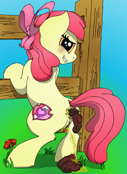 Size: 1660x2264 | Tagged: explicit, grotesque, artist:konigbouncer, apple bloom, alternate version, anus, butt, clitoris, crotchboobs, cutie mark, dark genitals, earth pony, female, fetish, filly, foal, foalcon, g4, imported from derpibooru, looking at you, looking back, nipples, nudity, pissing, plot, pony, poop, pooping, scat, solo, solo female, teats, the cmc's cutie marks, urine, vulva, vulvar winking, watersports
