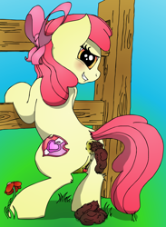 Size: 1660x2264 | Tagged: explicit, grotesque, artist:konigbouncer, apple bloom, anus, butt, clitoris, crotchboobs, cutie mark, dark genitals, earth pony, female, fetish, filly, foal, foalcon, g4, heart clitoris, imported from derpibooru, looking at you, looking back, nipples, nudity, plot, pony, poop, pooping, scat, solo, solo female, teats, the cmc's cutie marks, vulva, vulvar winking