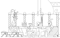 Size: 2425x1544 | Tagged: explicit, artist:appelknekten, silver spoon, oc, oc:appel, aloe, anus, appel in ponyville, balls, casual nudity, derpibooru exclusive, earth pony, female, filly, foal, foalcon, g4, imported from derpibooru, male, mare, massage table, monochrome, nudity, plant, pony, spa, spa pony, stallion, story included, swimming pool, text, towel, vulva
