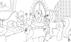 Size: 2618x1574 | Tagged: explicit, artist:appelknekten, silver spoon, oc, oc:appel, oc:sweet desire, anus, appel in ponyville, balls, bathrobe, blindfold, casual nudity, cheerilee, clothes, couch, derpibooru exclusive, earth pony, female, filly, foal, foalcon, g4, imported from derpibooru, lily valley, lotus blossom, male, mare, monochrome, nudity, painting, pony, robe, shocked, spa pony, stallion, story included, vagina