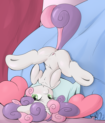 Size: 3000x3507 | Tagged: explicit, artist:mdgusty, sweetie belle, anus, bed, blushing, butt, dock, female, filly, foal, foalcon, g4, high res, human vulva on pony, imported from derpibooru, nudity, plot, pony, presenting, solo, solo female, spread legs, spreading, unicorn, vulva