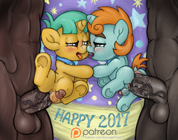 Size: 1500x1183 | Tagged: explicit, artist:smudge proof, 2017, after kiss, age regression, age spell, anal, babycon, cape, clothes, collar, colt, colt on colt, cutie mark collar, drool, drool string, exhibitionism, foal, foalcon, g4, gay, horsecock, human, imported from derpibooru, kissing, looking at you, male, micropenis, nudity, pacifier, patreon, patreon logo, penetration, penis, pony, public sex, public use, reverse foalcon, sex, small penis, snails, snips, stage, underhoof, vein, veiny cock, wat, younger
