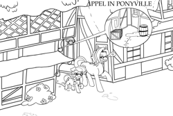 Size: 1181x787 | Tagged: explicit, artist:appelknekten, silver spoon, oc, oc:appel, appel in ponyville, building, canon x oc, cum, cum pool, cum string, derpibooru exclusive, earth pony, excessive cum, female, filly, foal, foalcon, g4, glasses, heart, imported from derpibooru, male, monochrome, pony, stallion, story included, text