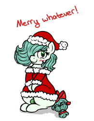 Size: 1200x1535 | Tagged: questionable, artist:hipsanon, oc, oc:emerald jewel, blushing, bow, braided tail, casual nudity, child, clothes, colt, colt quest, cute, earth pony, femboy, foal, foalcon, girly, hair over one eye, hat, hnnng, imported from derpibooru, male, mooseknuckle, nudity, oc only, pony, ribbon, santa hat, simple background, sitting, smiling, solo, solo male, thunder thighs, trap