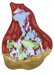 Size: 1540x2137 | Tagged: explicit, artist:swiftsketchpone, oc, oc:gyro tech, oc:sweetwater, age difference, chocolate, eye, eyes, eyes closed, female, fetish, filly, filly prey, foal, foalcon, food, foodplay, gritted teeth, gywater, horn, horn ring, imminent death, imported from derpibooru, internal, magic suppression, male, messy, oc only, one last thrill, pony, sex, shipping, stallion, stallion on filly, stallion prey, stomach, stomach acid, straight, teeth, tongue out, unicorn, vore