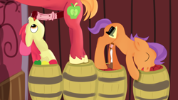 Size: 1280x720 | Tagged: explicit, artist:jbond, apple bloom, age difference, apple, applecest, barn, barrel, big macintosh, brother and sister, cum, cumming, earth pony, eyes closed, female, filly, filly on stallion, foal, foalcon, food, g4, imported from derpibooru, incest, licking, licking cock, male, nudity, oral, penis, pony, reverse foalcon, sex, ship:macbloom, shipping, siblings, stallion, straight, tender taps, tongue out, trio, winona
