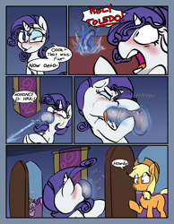 Size: 3062x3937 | Tagged: explicit, artist:thebirdiebin, applejack, rarity, spike, twilight sparkle, comic:a fashionista's phallic fantasy, alicorn, blowjob, blushing, caught, comic, cowboy hat, cum, cumming, deepthroat, dildo, dildo blowjob, earth pony, foalcon, funny porn, g4, hat, high res, horsecock dildo, implied masturbation, implied shipping, implied sparity, implied straight, imported from derpibooru, insertion, magic penis, masturbation, oral, oral insertion, pony, sex, sex toy, stetson, throat bulge, unicorn, voyeurism