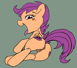 Size: 1800x1600 | Tagged: explicit, artist:baigak, scootaloo, anatomically correct, anus, both cutie marks, butt, female, filly, foal, foalcon, g4, imported from derpibooru, looking at you, looking back, looking back at you, lying down, nudity, on side, open mouth, pegasus, plot, ponut, pony, raised tail, simple background, solo, solo female, tail, the cmc's cutie marks, tongue out, vulva