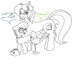 Size: 1460x1173 | Tagged: explicit, artist:appelknekten, silver spoon, oc, oc:appel, appel in ponyville, big penis, canon x oc, earth pony, female, filly, foal, foalcon, g4, glasses, horsecock, imported from derpibooru, impossibly large penis, large balls, male, monochrome, nudity, penis, pony, precum, prostitution, shocked, stallion, stallion on filly, straight, text