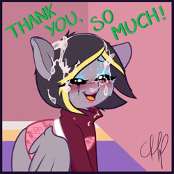 Size: 1280x1280 | Tagged: explicit, artist:regolithart, oc, oc:aero, colt, crossdressing, cum, cum on hair, dead source, eyes closed, facial, father and child, father and son, foal, foalcon, implied gay, imported from derpibooru, incest, makeup, male, oc only, offscreen character, offspring, parent:derpy hooves, parent:oc:warden, parents:canon x oc, parents:warderp, part of a series, part of a set, pegasus, pony, running makeup, shipping, solo, solo male, stallion, style emulation