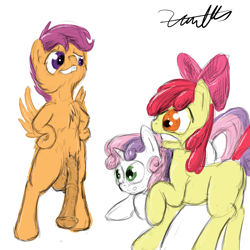 Size: 1000x1000 | Tagged: explicit, artist:xanthor, apple bloom, scootaloo, sweetie belle, balls, big penis, cutie mark crusaders, eyes on the prize, foalcon, futa, futa scootaloo, g4, horsecock, imported from derpibooru, impossibly large penis, intersex, nudity, penis, presenting, reacting to nudity, sketch