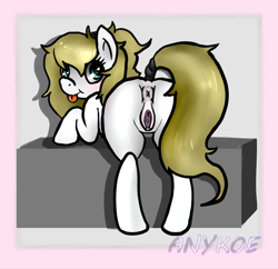 Size: 1280x1241 | Tagged: explicit, artist:anykoe, oc, oc:luftkrieg, anus, aryan, aryan pony, bent over, blonde, butt, female, filly, foal, foalcon, imported from derpibooru, looking back, nazipone, nudity, oc only, pegasus, plot, ponut, pony, solo, solo female, tongue out, vulva, ych result