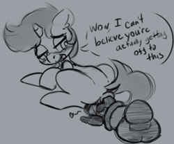 Size: 1500x1250 | Tagged: explicit, grotesque, artist:ariot, oc, anus, blushing, dialogue, disembodied penis, dock, female, female focus, fetish, filly, foal, foalcon, imported from derpibooru, looking back, monochrome, nudity, oc only, penis, ponut, pony, poop, poop on penis, pooping, scat, sketch, solo focus, unicorn