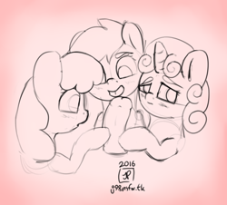 Size: 3759x3391 | Tagged: explicit, artist:ciderdrop, apple bloom, scootaloo, sweetie belle, blushing, cutie mark crusaders, disembodied penis, eyes on the prize, female, foalcon, g4, high res, imported from derpibooru, male, nudity, penis, sketch, straight, varying degrees of want