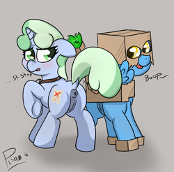 Size: 1727x1701 | Tagged: explicit, artist:plinko, oc, oc:box-filly, oc:sweetwater, anus, bedroom eyes, blushing, edit, female, filly, foal, foalcon, goggles, imported from derpibooru, looking back, nudity, oc only, pegasus, ponut, pony, presenting, request, simple background, underhoof, unicorn, vulva