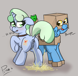 Size: 1727x1701 | Tagged: explicit, artist:plinko, oc, oc:box-filly, oc:sweetwater, anus, bedroom eyes, blushing, edit, female, fetish, filly, foal, foalcon, goggles, imported from derpibooru, nudity, oc only, pegasus, pissing, pissing together, ponut, pony, request, underhoof, unicorn, urine, vulva, watersports