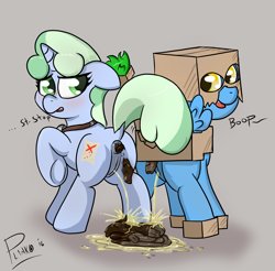 Size: 1727x1701 | Tagged: explicit, grotesque, artist:plinko, oc, oc:box-filly, oc:sweetwater, anus, bedroom eyes, blushing, butt, female, fetish, filly, foal, foalcon, goggles, imported from derpibooru, nudity, oc only, pegasus, pissing, pissing together, plot, pony, poop, pooping, pooping in public, pooping together, request, scat, underhoof, unicorn, urine, vulva, watersports