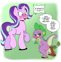 Size: 1829x1862 | Tagged: explicit, grotesque, artist:rhk, spike, starlight glimmer, anus, ass, balls, blushing, butt, dialogue, dragonbutt, fart, fart fetish, fart noise, female, fetish, foalcon, g4, imported from derpibooru, looking at you, looking back, male, mare, nudity, open mouth, penis, pissing, pony, poop, pooping, presenting, raised hoof, scat, ship:sparlight, shipping, sigh, squatting, straight, sweat, sweatdrop, unicorn, urine, watersports