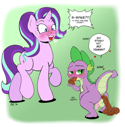 Size: 1829x1862 | Tagged: explicit, grotesque, artist:rhk, spike, starlight glimmer, anus, ass, balls, blushing, butt, dialogue, dragonbutt, female, fetish, foalcon, g4, imported from derpibooru, looking at you, looking back, male, mare, nudity, open mouth, penis, pony, poop, poop eating, pooping, presenting, raised hoof, scat, ship:sparlight, shipping, squatting, straight, sweat, sweatdrop, unicorn