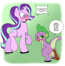 Size: 1829x1862 | Tagged: explicit, grotesque, artist:rhk, spike, starlight glimmer, anus, ass, balls, blushing, butt, dialogue, dragonbutt, female, fetish, foalcon, g4, imported from derpibooru, looking at you, looking back, male, mare, nudity, open mouth, penis, pony, poop, pooping, presenting, raised hoof, scat, ship:sparlight, shipping, squatting, straight, sweat, sweatdrop, unicorn