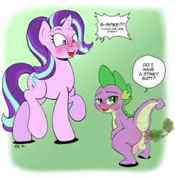 Size: 1829x1862 | Tagged: explicit, artist:rhk, spike, starlight glimmer, anus, ass, balls, blushing, butt, dialogue, dragon, dragonbutt, fart, fart fetish, fart noise, foalcon, g4, imported from derpibooru, looking at you, looking back, male, nudity, open mouth, penis, presenting, raised hoof, ship:sparlight, shipping, squatting, straight, sweat, sweatdrop