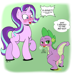 Size: 1829x1862 | Tagged: explicit, artist:rhk, spike, starlight glimmer, anus, ass, balls, blushing, butt, dialogue, dragon, dragonbutt, foalcon, g4, imported from derpibooru, looking at you, looking back, male, male focus, nudity, open mouth, penis, pissing, presenting, raised hoof, relief, ship:sparlight, shipping, sigh, squatting, straight, sweat, sweatdrop, urine, watersports