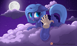 Size: 1350x800 | Tagged: explicit, artist:pusspuss, princess luna, alicorn, anatomically correct, anus, bedroom eyes, blushing, both cutie marks, butt, clitoris, cloud, comic, crotchboobs, disembodied hand, dock, edit, exhibitionism, female, filly, filly luna, foal, foalcon, folded wings, frog (hoof), full moon, g4, hand, horn, human, human male, human male on filly, human on pony action, implied anon, imported from derpibooru, interspecies, looking at you, looking back, lying down, male, masturbation, moan, moaning, moaning in pleasure, moon, night, night sky, nipples, nudity, offscreen character, open mouth, outdoors, patreon, patreon logo, plot, ponut, pony, prone, raised tail, rubbing, sex, sky, sploot, spread legs, spread pussy, spreading, stars, straight, tail, teats, underhoof, vagina, vulva, vulvar winking, wings, woona, younger