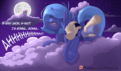 Size: 1350x800 | Tagged: explicit, artist:pusspuss, princess celestia, princess luna, oc, oc:anon, ahegao, alicorn, anatomically correct, anus, bedroom eyes, blushing, both cutie marks, butt, cewestia, clitoris, cloud, comic, crotchboobs, crying, cum, cum on sex toy, cumming, cute, delighted, dialogue, dildo, disembodied hand, dock, exhibitionism, eyes closed, female, female orgasm, filly, filly luna, foal, foalcon, frog (hoof), full moon, g4, hand, hiding, horn, human, human male, human male on filly, human on pony action, implied anon, imported from derpibooru, insertion, interspecies, lying down, male, moan, moaning, moaning in pleasure, moon, night, night sky, nipples, nudity, offscreen character, one eye closed, open mouth, orgasm, outdoors, patreon, patreon logo, pink-mane celestia, plot, ponut, pony, prone, public sex, raised tail, sex, sex toy, sky, spread anus, spread legs, spread pussy, spread wings, spreading, squirting, stars, straight, suction cup, sweat, sweatdrop, tail, tears of joy, tears of pleasure, teats, underhoof, vaginal insertion, vaginal orgasm, vaginal secretions, vulva, vulvar winking, wingboner, wings, woona, younger