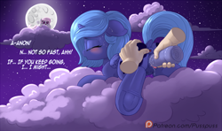 Size: 1350x800 | Tagged: explicit, artist:pusspuss, princess celestia, princess luna, oc, oc:anon, :o, alicorn, anatomically correct, blushing, both cutie marks, butt, cewestia, clitoris, cloud, comic, crotchboobs, cum on sex toy, cute, delighted, dialogue, dildo, disembodied hand, dock, exhibitionism, eyes closed, female, filly, filly luna, foal, foalcon, frog (hoof), full moon, g4, hand, hiding, horn, human, human male, human male on filly, human on pony action, implied anon, imported from derpibooru, insertion, interspecies, lying down, male, moan, moaning, moaning in pleasure, moon, night, night sky, nipples, nudity, offscreen character, one eye closed, open mouth, outdoors, patreon, patreon logo, pink-mane celestia, plot, pony, prone, public sex, raised tail, sex, sex toy, sky, spread anus, spread butt, spread legs, spread pussy, spread wings, spreading, stars, straight, suction cup, sweat, sweatdrop, tail, teats, underhoof, vaginal insertion, vaginal secretions, vulva, vulvar winking, wingboner, wings, woona, younger