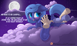 Size: 1350x800 | Tagged: explicit, artist:pusspuss, princess luna, oc, oc:anon, alicorn, anatomically correct, anus, bedroom eyes, blushing, both cutie marks, butt, clitoris, cloud, colored pupils, comic, concerned, crotchboobs, cute, dead source, dialogue, dildo, disembodied hand, dock, exhibitionism, female, filly, filly luna, foal, foalcon, folded wings, frog (hoof), full moon, g4, hand, horn, human, human male, human male on filly, human on pony action, implied anon, implied cewestia, implied princess celestia, imported from derpibooru, insertion, interspecies, looking at you, looking back, lying down, male, moon, night, night sky, nipples, nudity, offscreen character, open mouth, outdoors, patreon, patreon logo, plot, pony, prone, public sex, raised tail, sex, sex toy, sky, sploot, spread legs, spread pussy, spreading, stars, straight, tail, teats, underhoof, vagina, vaginal insertion, vulva, vulvar winking, wings, woona, worried, younger