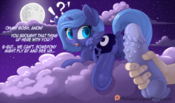 Size: 1350x800 | Tagged: explicit, artist:pusspuss, princess luna, oc, oc:anon, alicorn, anatomically correct, anus, bedroom eyes, both cutie marks, butt, clitoris, cloud, colored pupils, comic, crotchboobs, dialogue, dildo, disembodied hand, dock, exclamation point, female, filly, filly luna, foal, foalcon, frog (hoof), full moon, g4, hand, horn, human, human male, human male on filly, human on pony action, implied anon, imported from derpibooru, interrobang, interspecies, looking at you, looking back, lying down, male, moon, night, night sky, nipples, nudity, offscreen character, open mouth, outdoors, partially open wings, patreon, patreon logo, plot, pony, prone, question mark, raised tail, sex toy, sky, sploot, stars, straight, surprised, tail, teats, underhoof, vulva, vulvar winking, wings, woona, younger